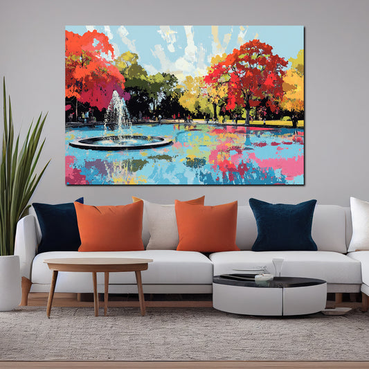Quadro abstract art fontana parco alberi riflesso colori atmosfera autunnale