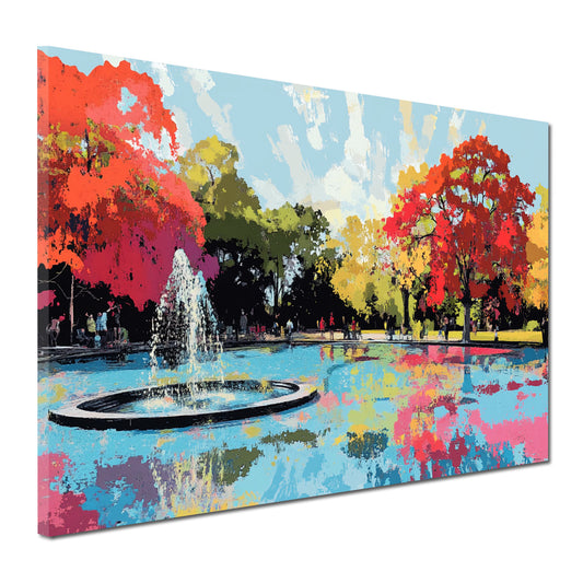 Quadro abstract art fontana parco alberi riflesso colori atmosfera autunnale