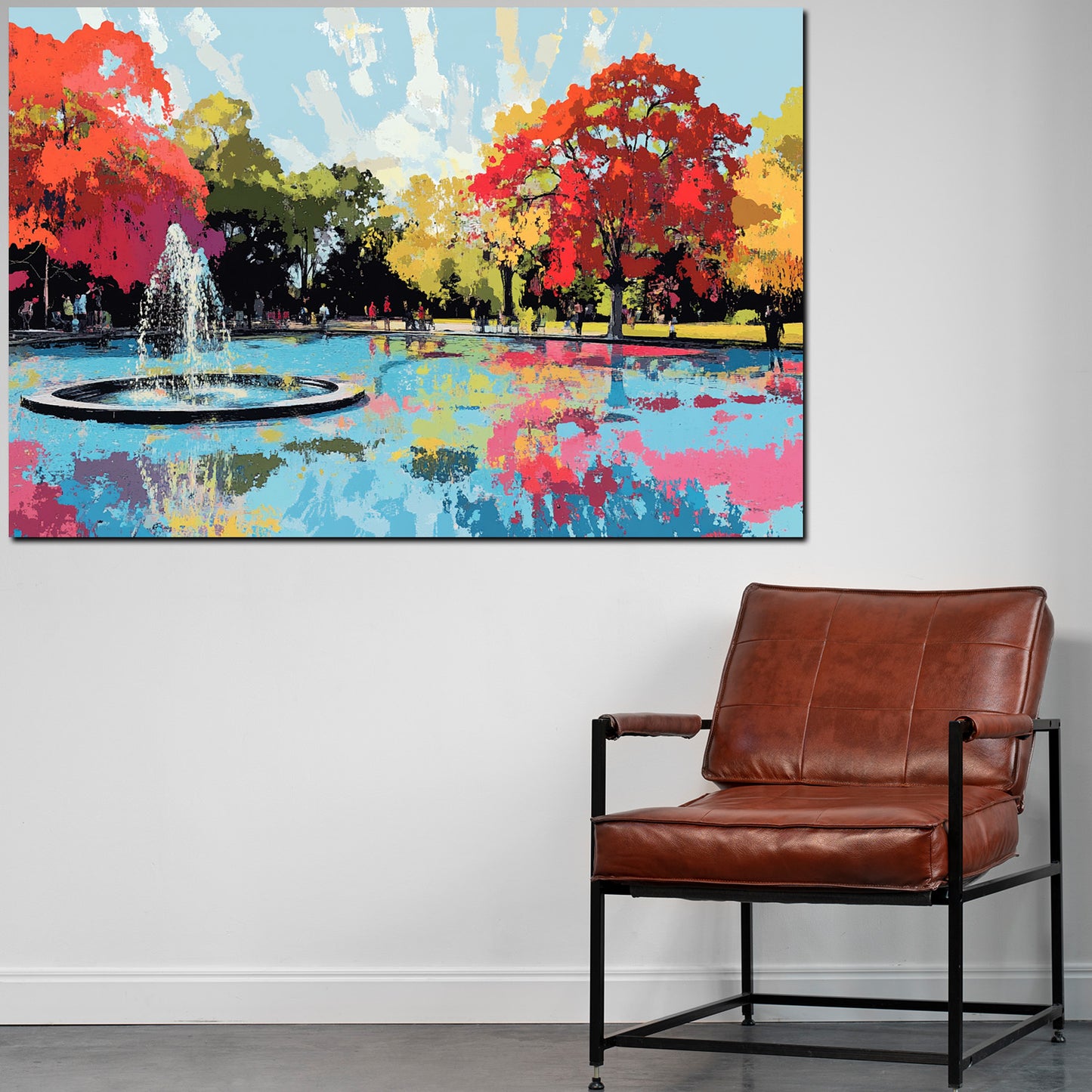 Quadro abstract art fontana parco alberi riflesso colori atmosfera autunnale
