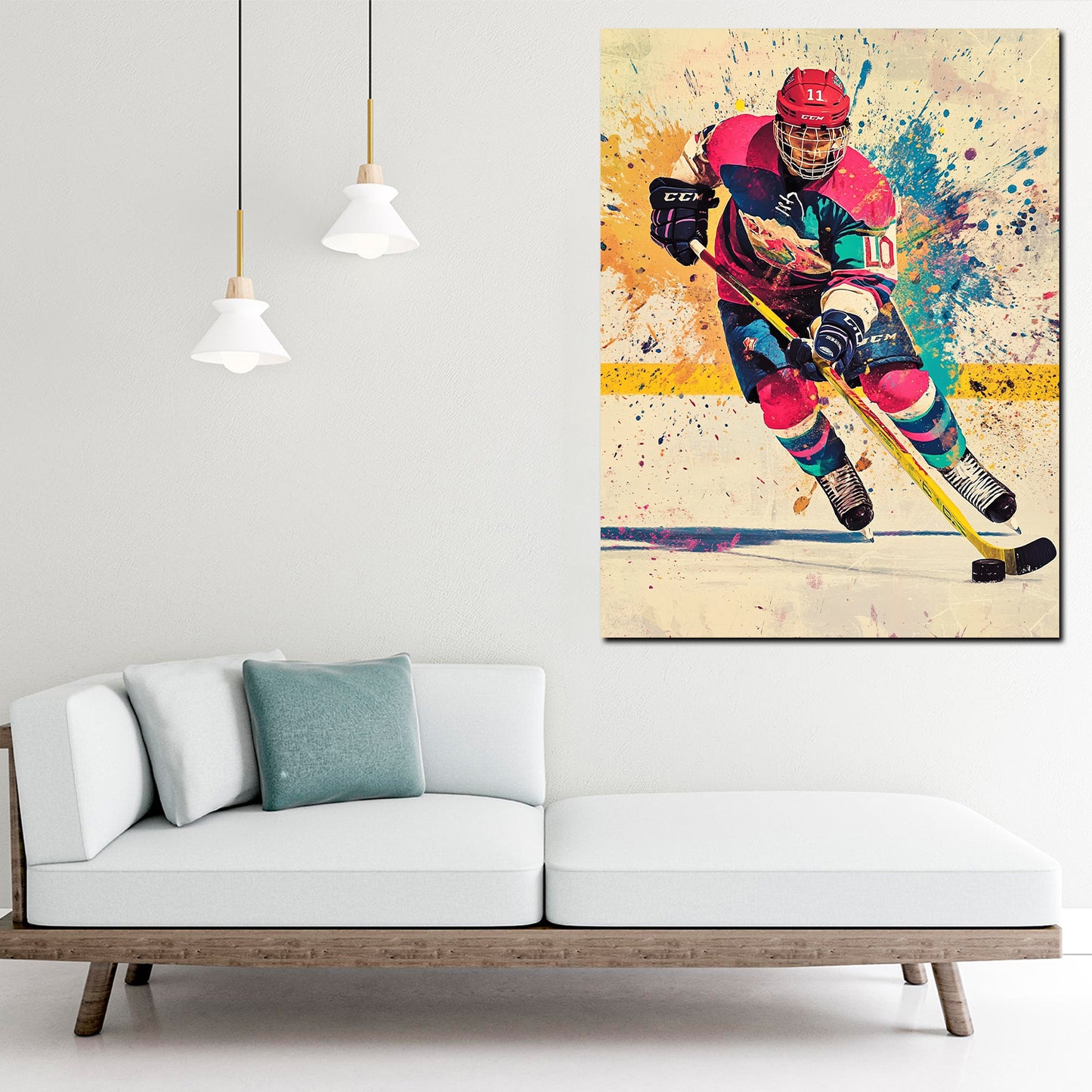 Quadro pop art giocatore hockey su ghiaccio colorato dinamico