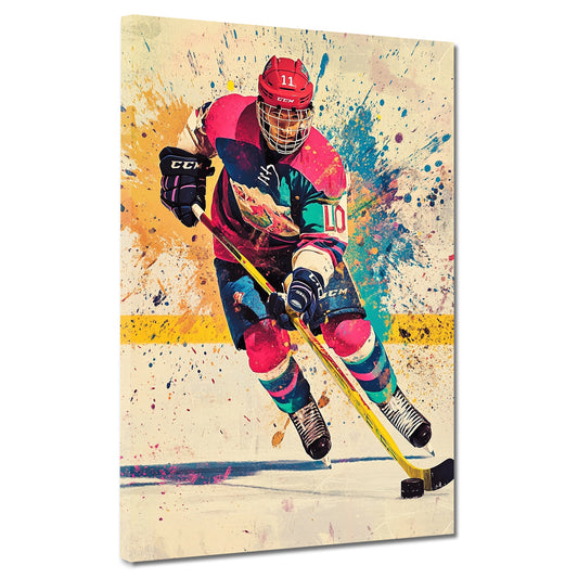 Quadro pop art giocatore hockey su ghiaccio colorato dinamico