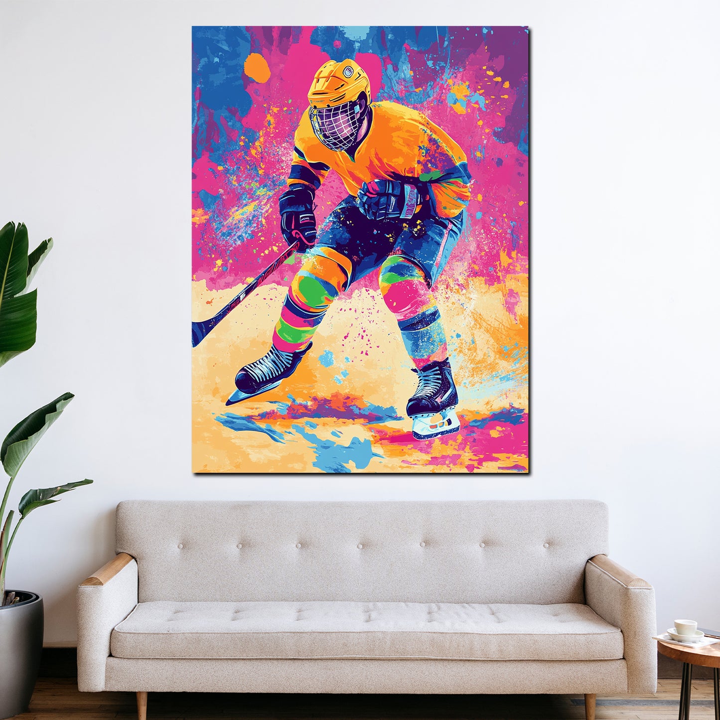 Quadro pop art giocatore hockey vivace colorato moderno