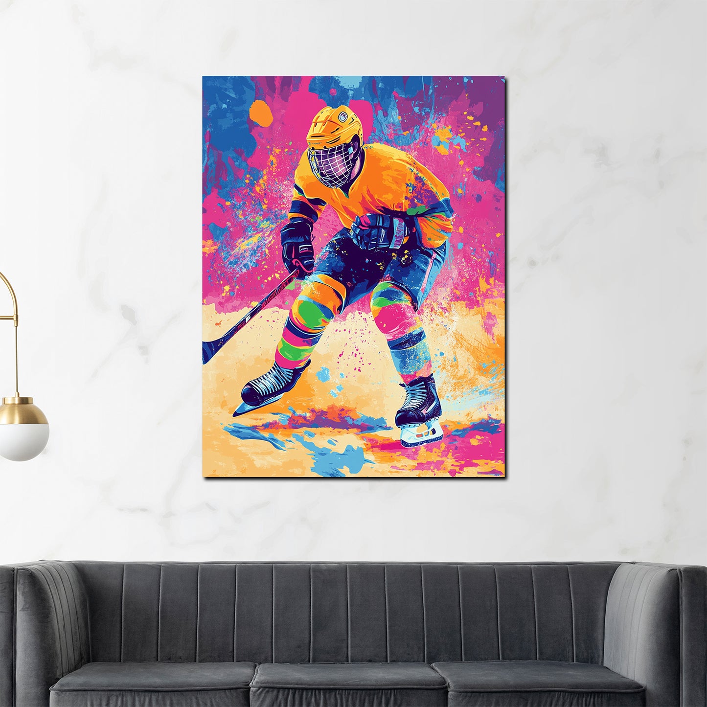 Quadro pop art giocatore hockey vivace colorato moderno