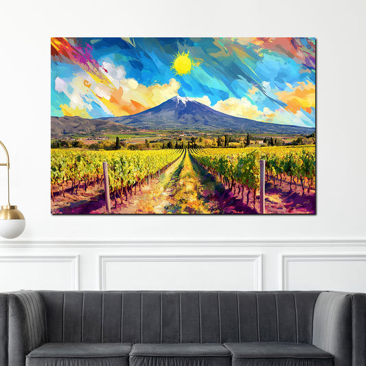 Quadro pop art paesaggio vigneti montagna sole natura colorato