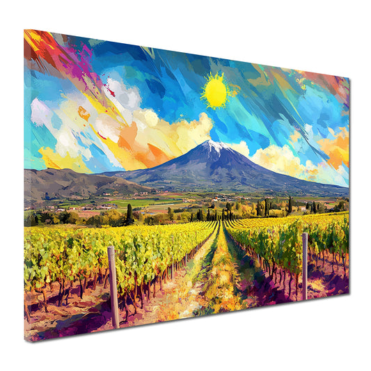 Quadro pop art paesaggio vigneti montagna sole natura colorato