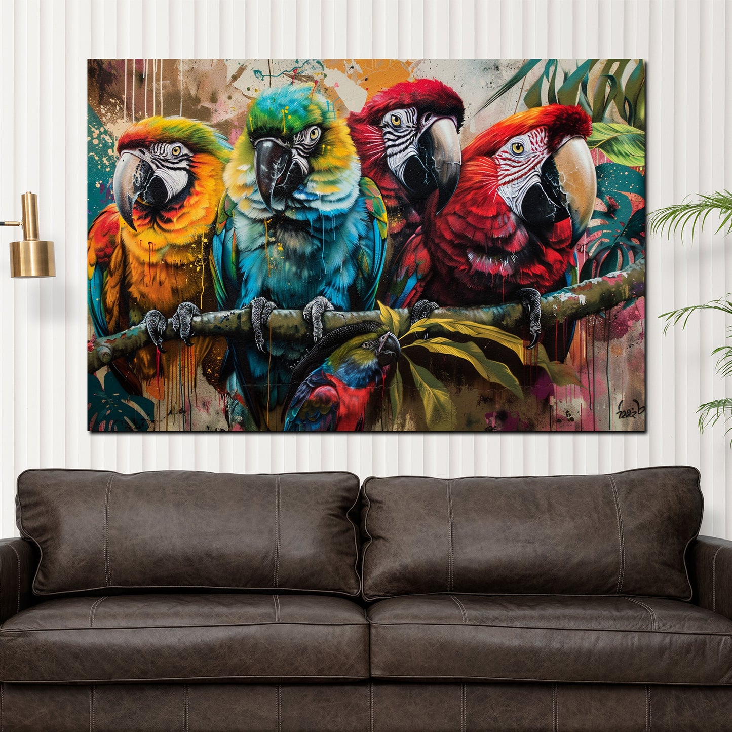 Quadro pop art pappagalli colorati su ramo