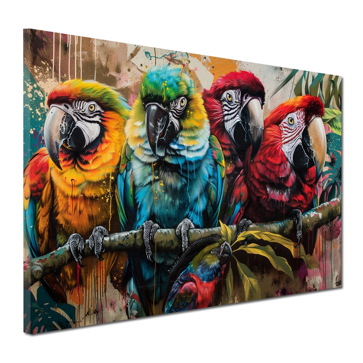 Quadro pop art pappagalli colorati su ramo