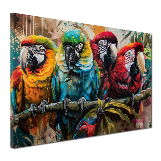 Quadro pop art pappagalli colorati su ramo