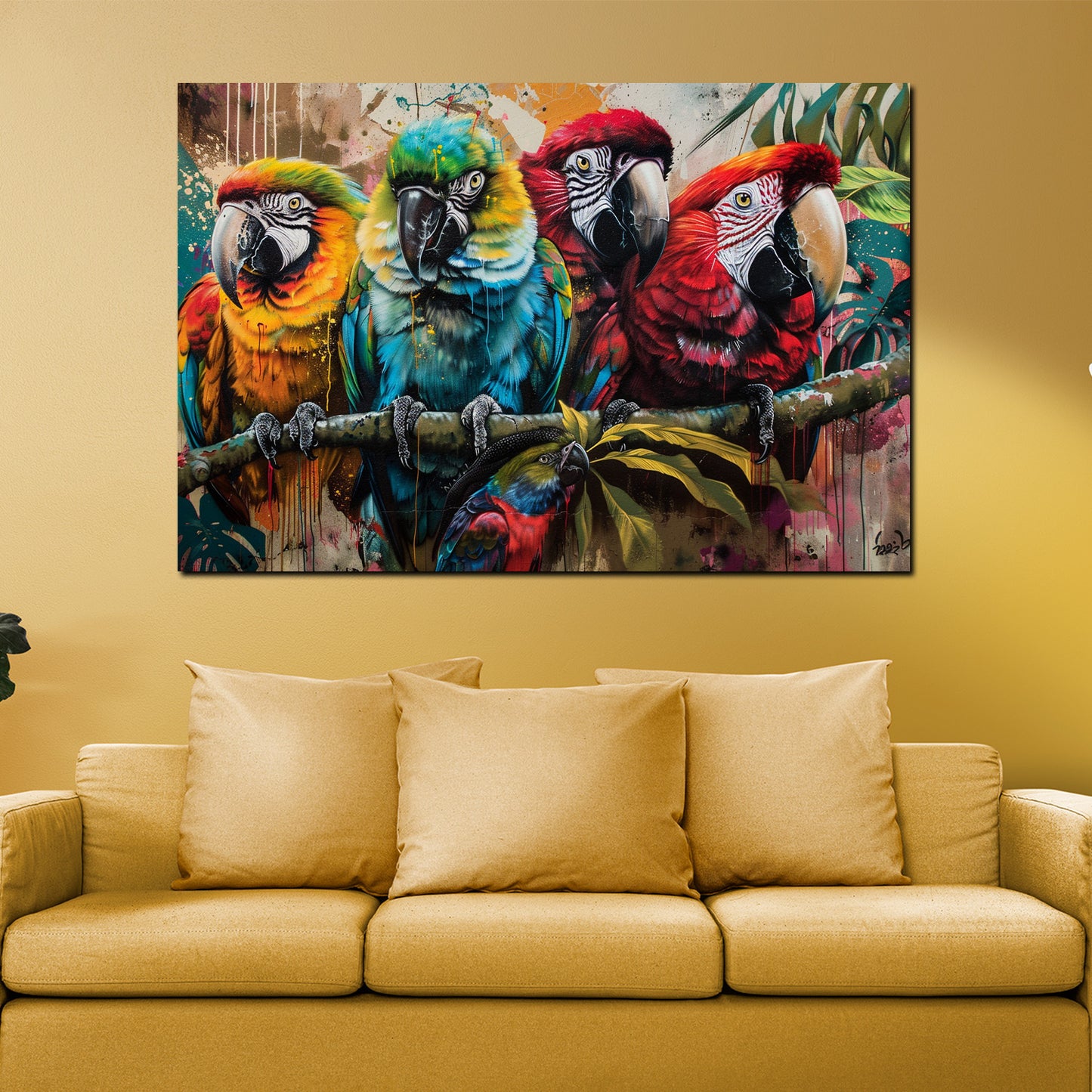 Quadro pop art pappagalli colorati su ramo