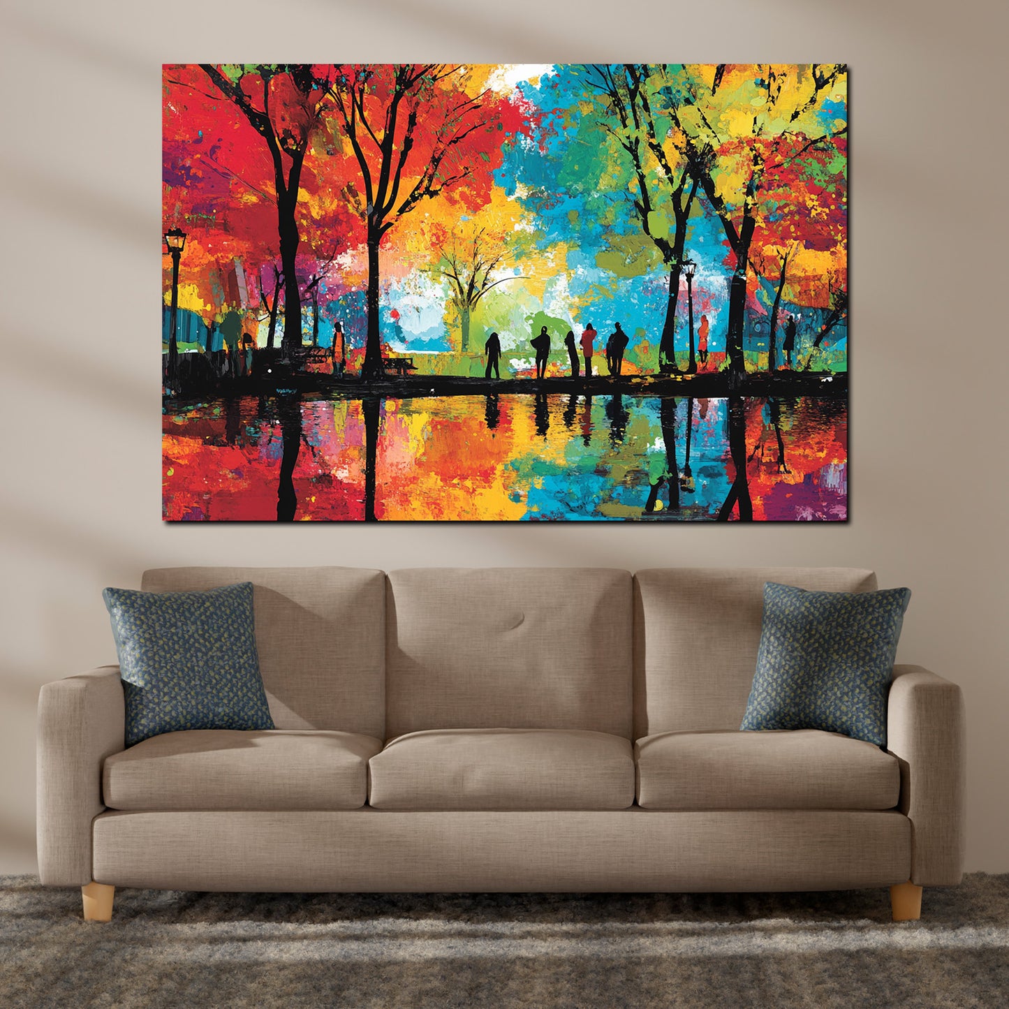 Quadro pop art parco alberi riflesso persone colorato autunnale