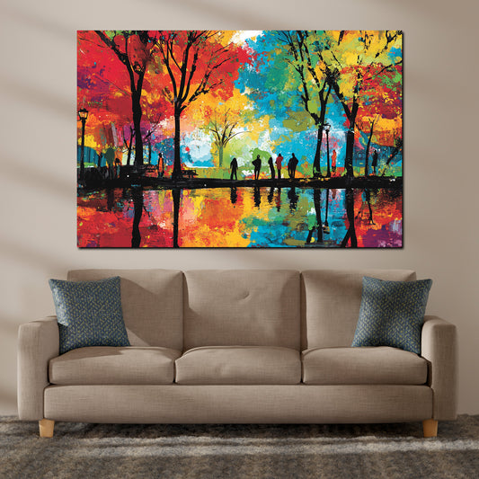 Quadro pop art parco alberi riflesso persone colorato autunnale
