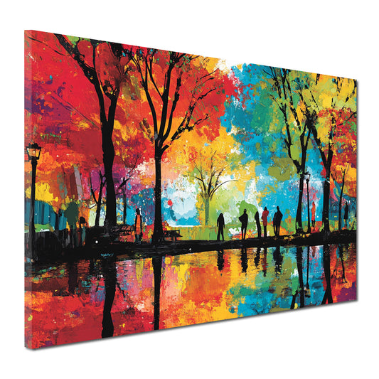 Quadro pop art parco alberi riflesso persone colorato autunnale