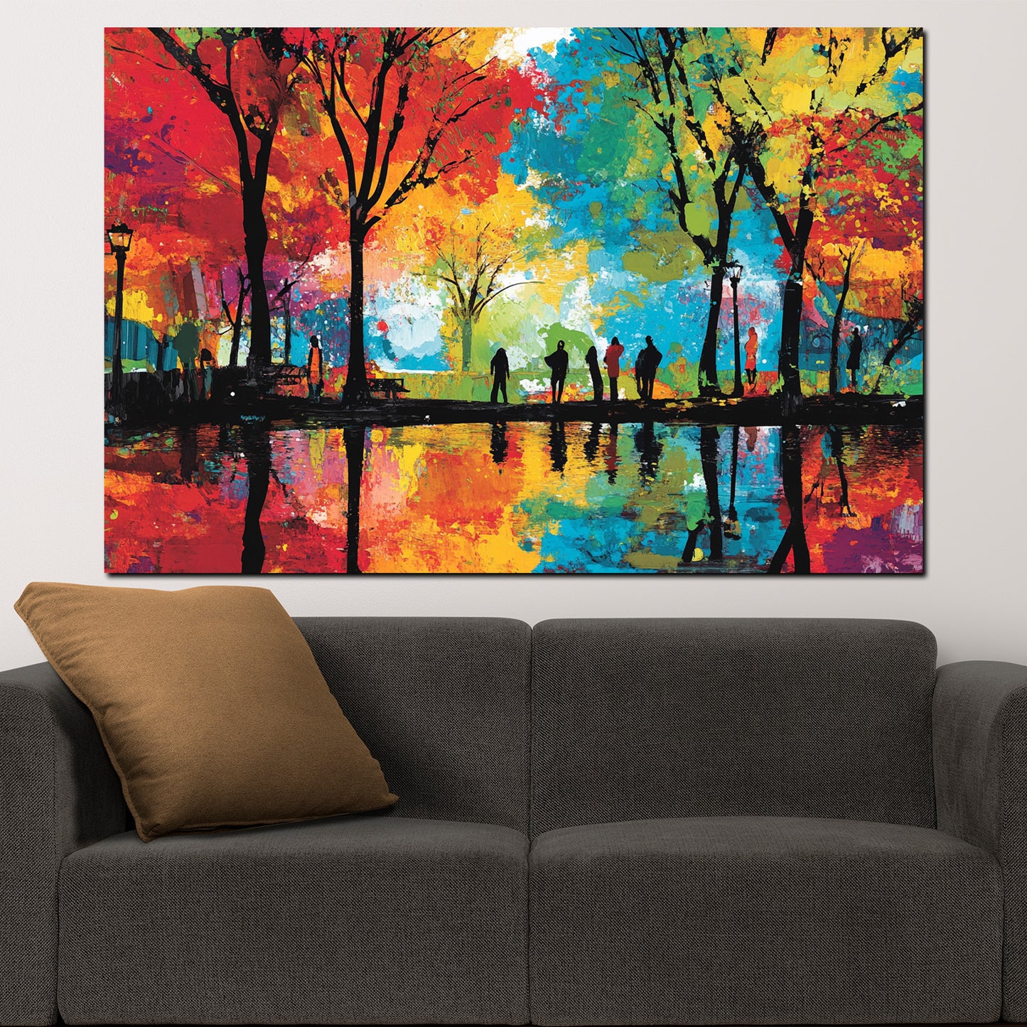 Quadro pop art parco alberi riflesso persone colorato autunnale