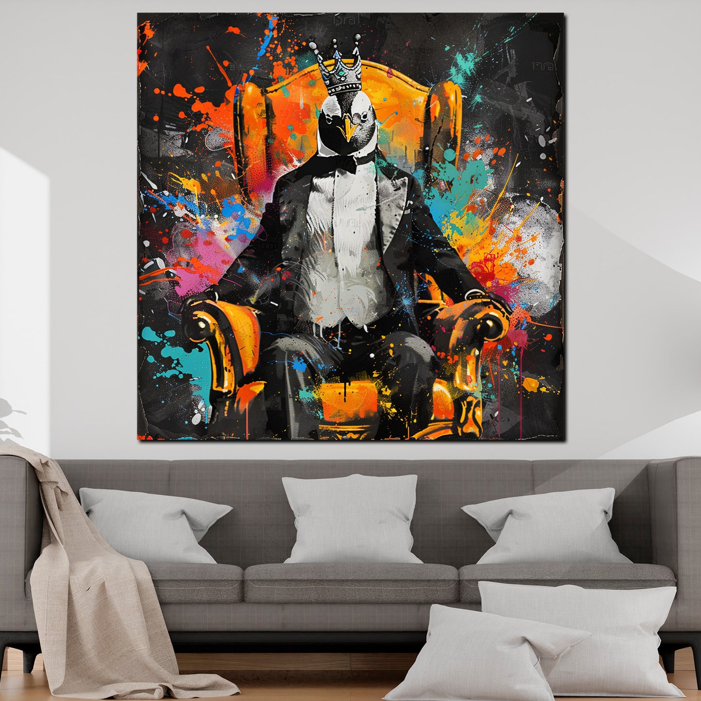 Quadro pop art pinguino in abito re moderno colorato
