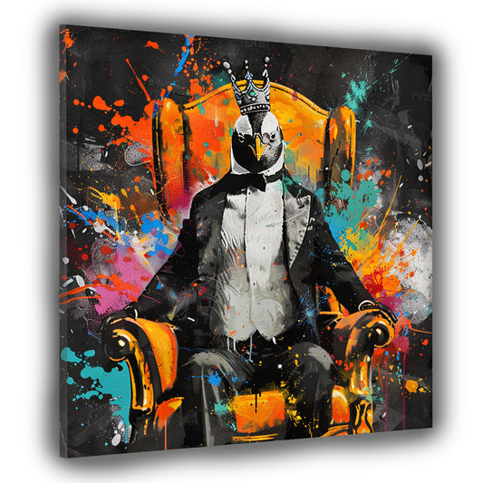 Quadro pop art pinguino in abito re moderno colorato