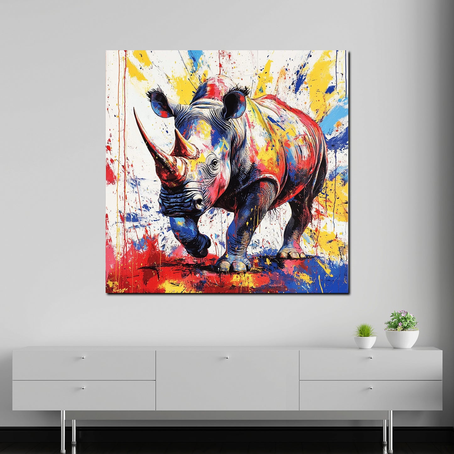 Quadro pop art rinoceronte colorato potente moderno