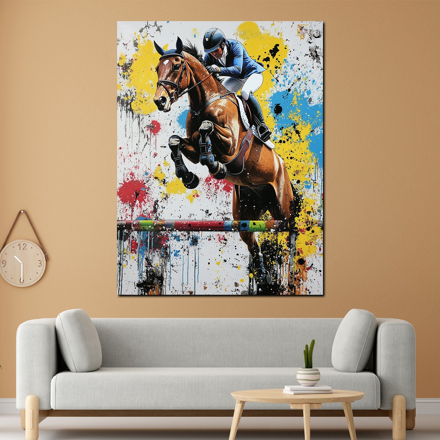 Quadro pop art salto ostacoli cavallo cavaliere colorato dinamico