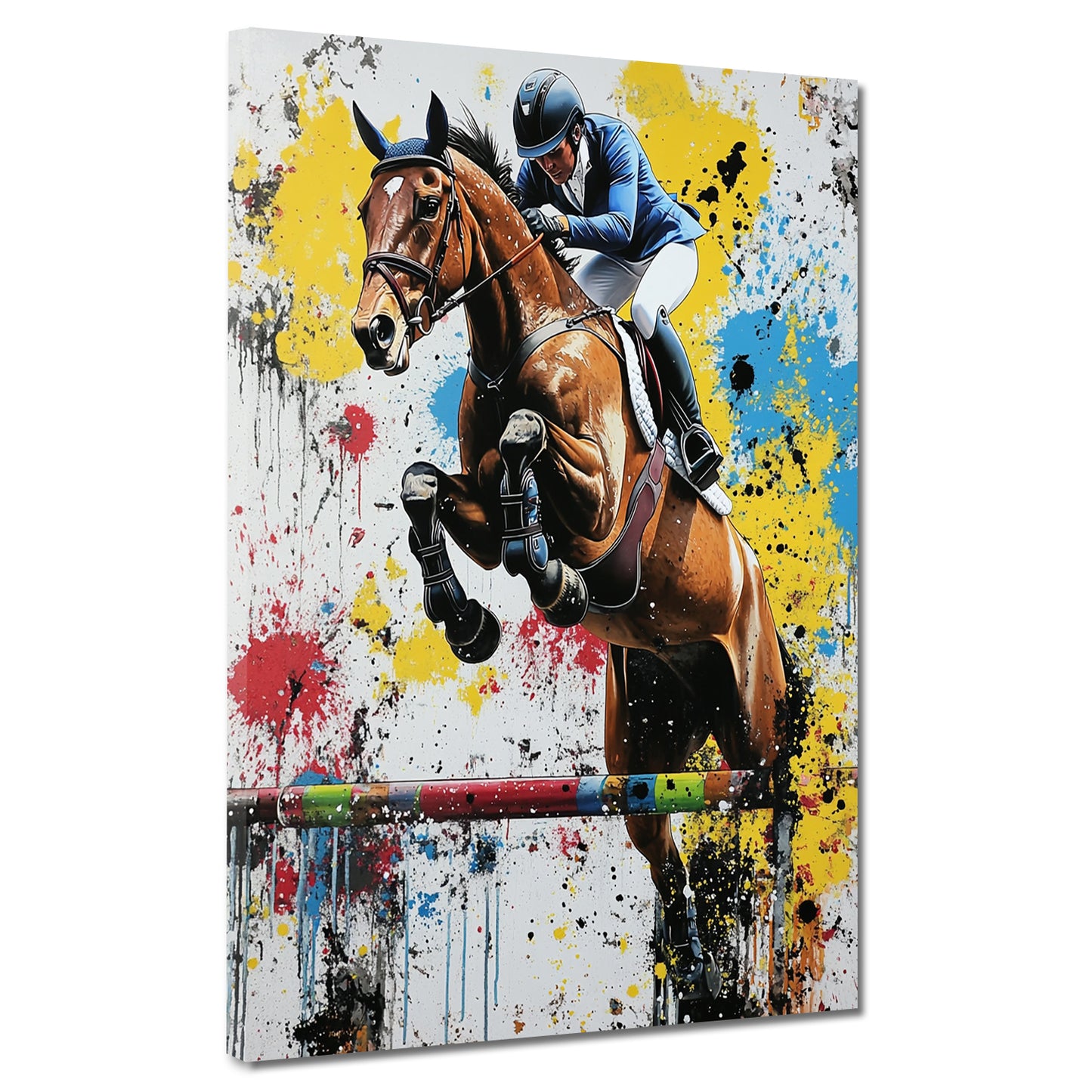 Quadro pop art salto ostacoli cavallo cavaliere colorato dinamico