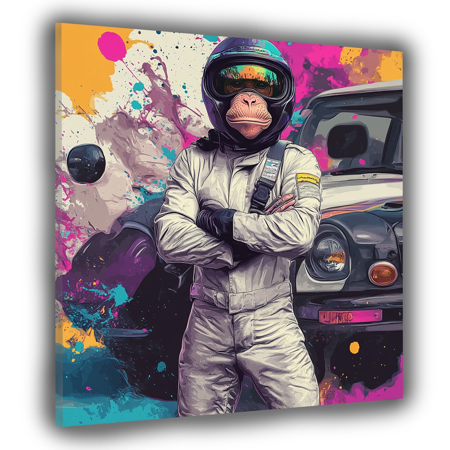Quadro pop art scimmia tuta da corsa auto colorato