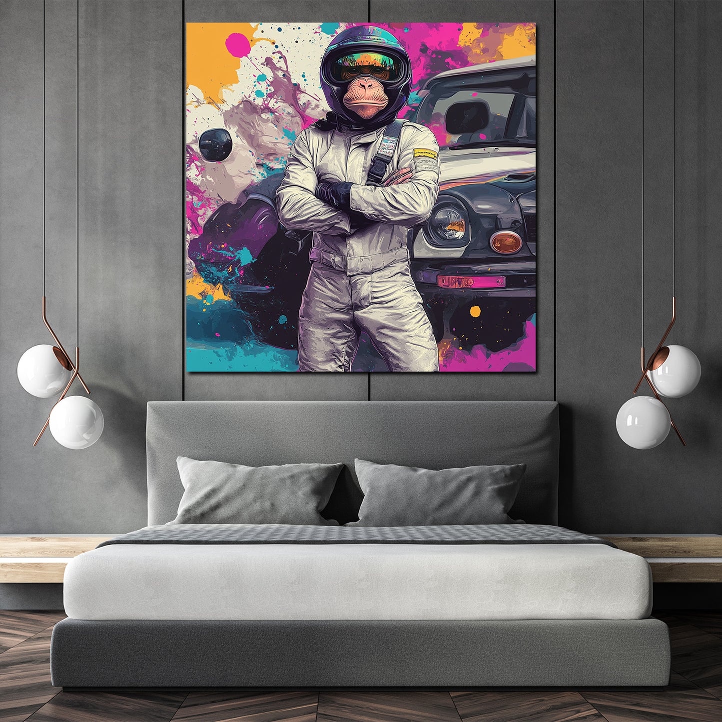 Quadro pop art scimmia tuta da corsa auto colorato
