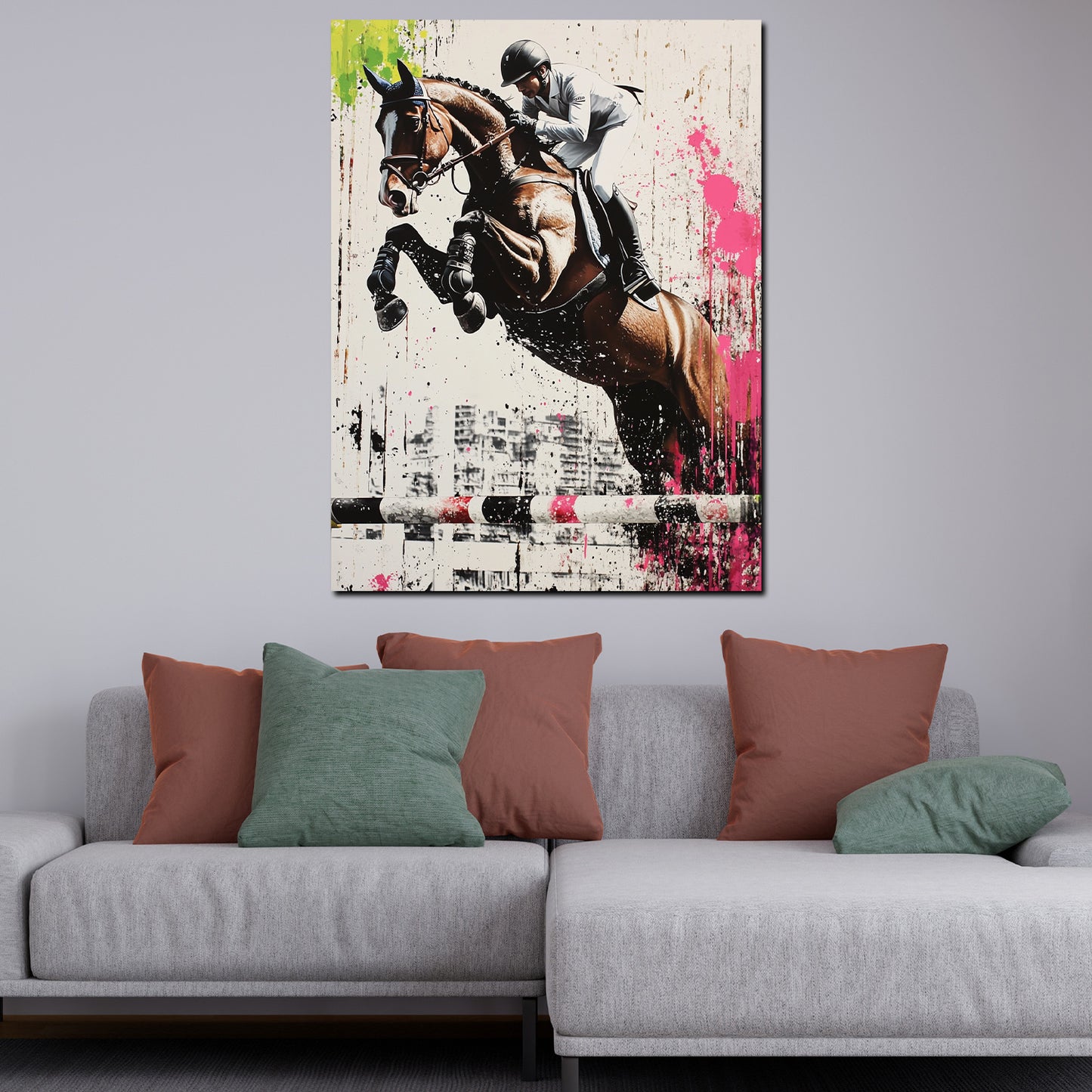 Quadro salto ostacoli cavallo e cavaliere urbano sportivo