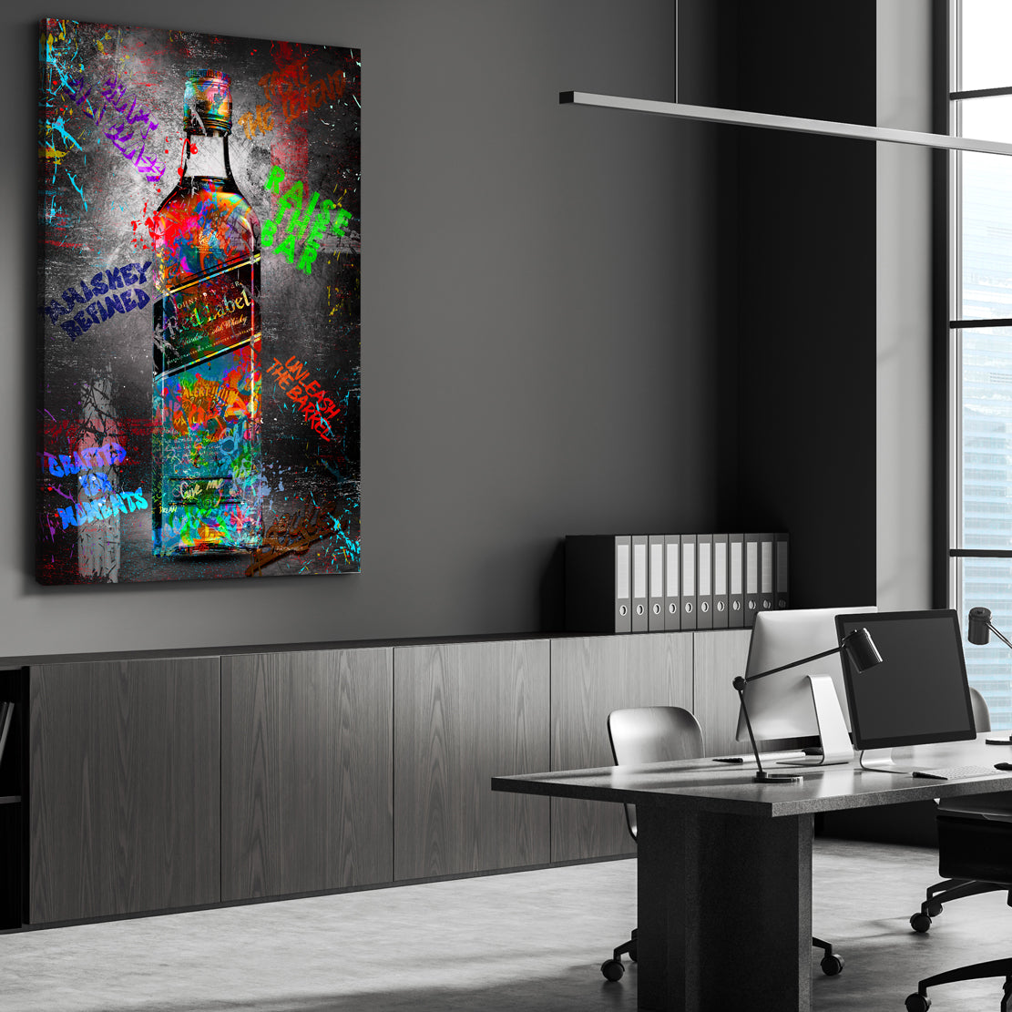 Quadro street art bottiglia whisky graffiti frasi colorate stile pop art