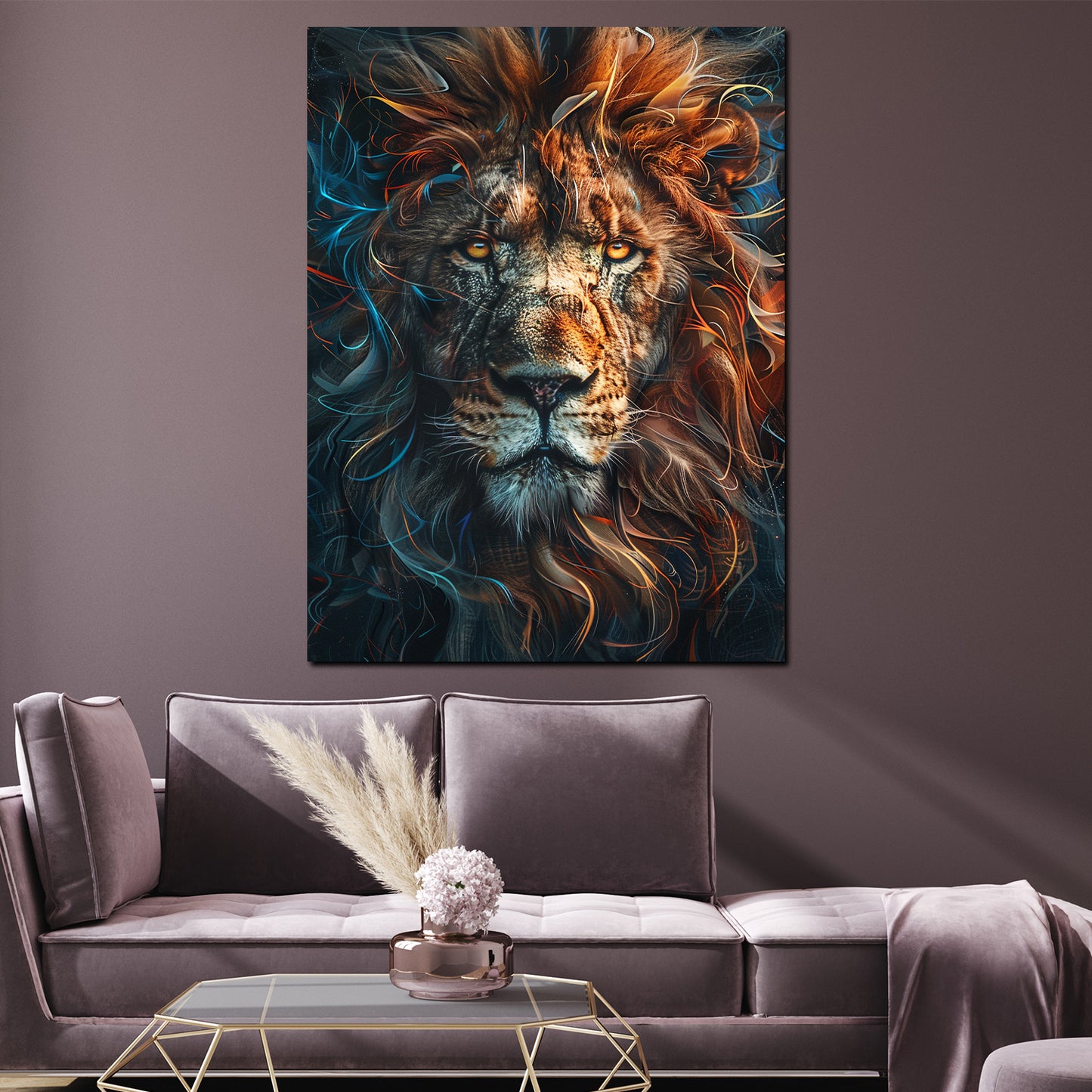 Quadro testa di leone criniera luminosa forza energia moderno