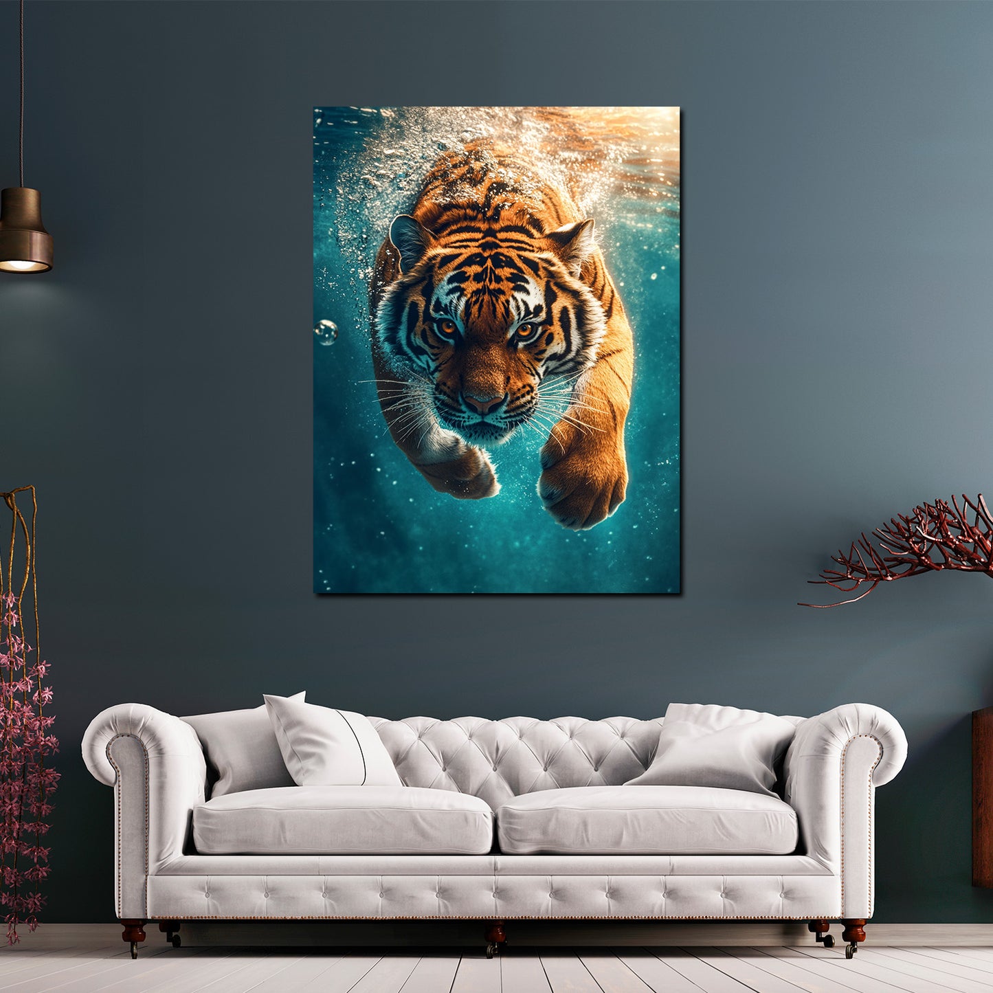 Quadro tigre che si tuffa nell'acqua forza animale selvaggio dinamico