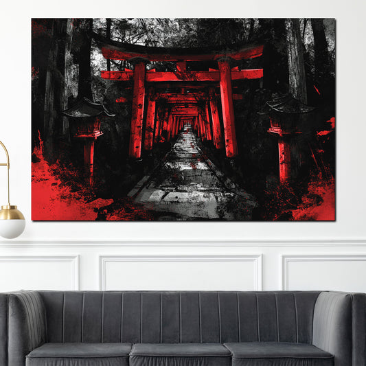 Quadro torii tempio giapponese sentiero rosso nero mistico