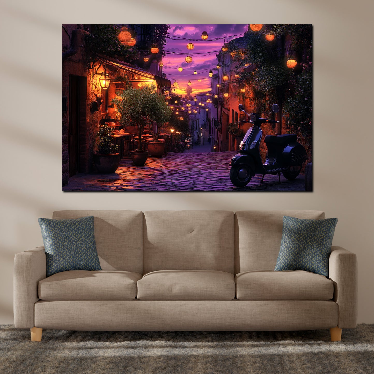 Quadro toscana sera d'estate vespa vicolo luci romantiche