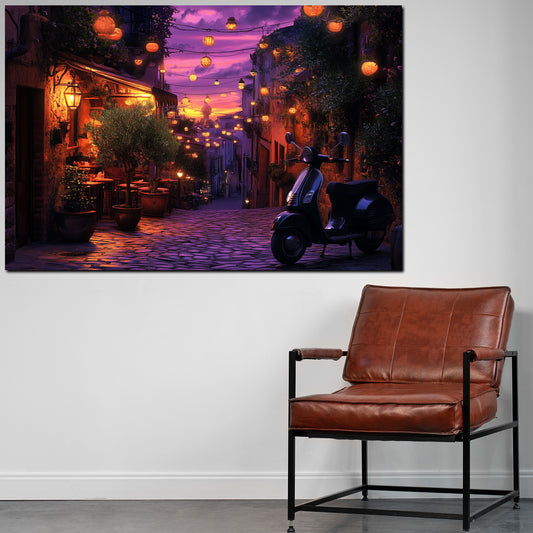 Quadro toscana sera d'estate vespa vicolo luci romantiche