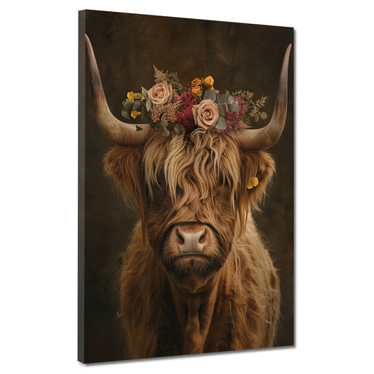 Quadro Vacca fiero con corona di fiori stile boho natura vintage moderno