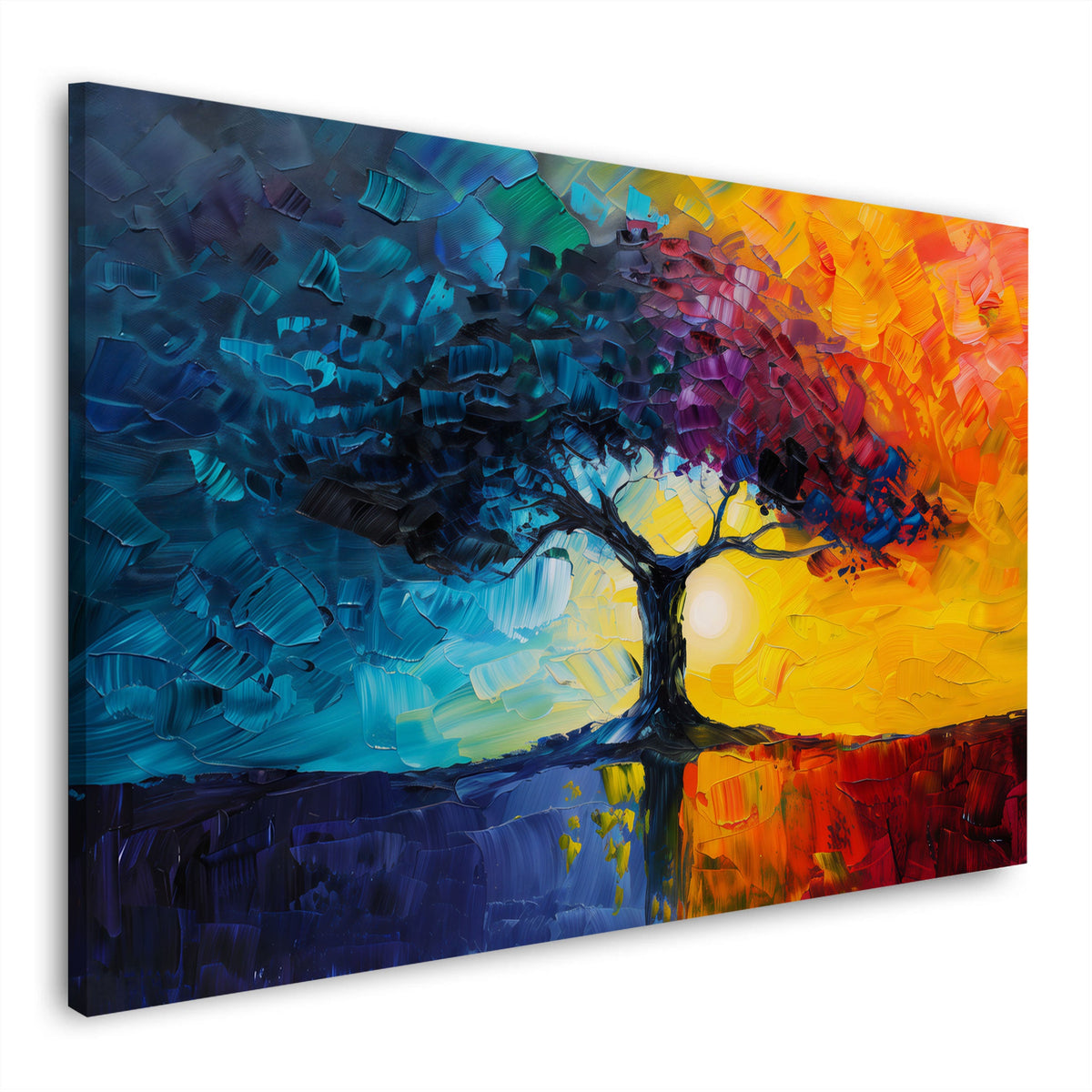 Albero con chioma di foglie in blu e rosso quadro