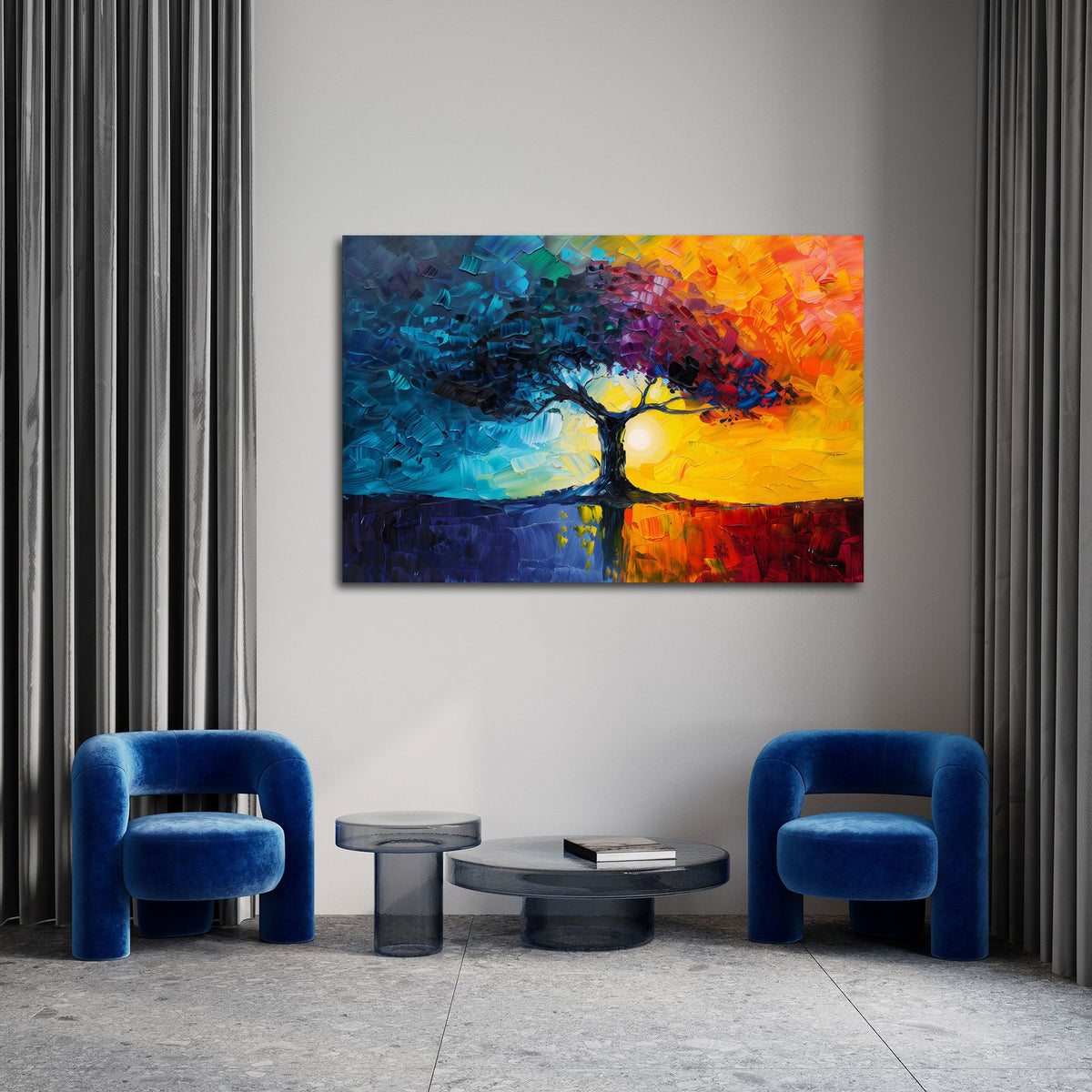 Quadro albero blu e rosso in soggiorno