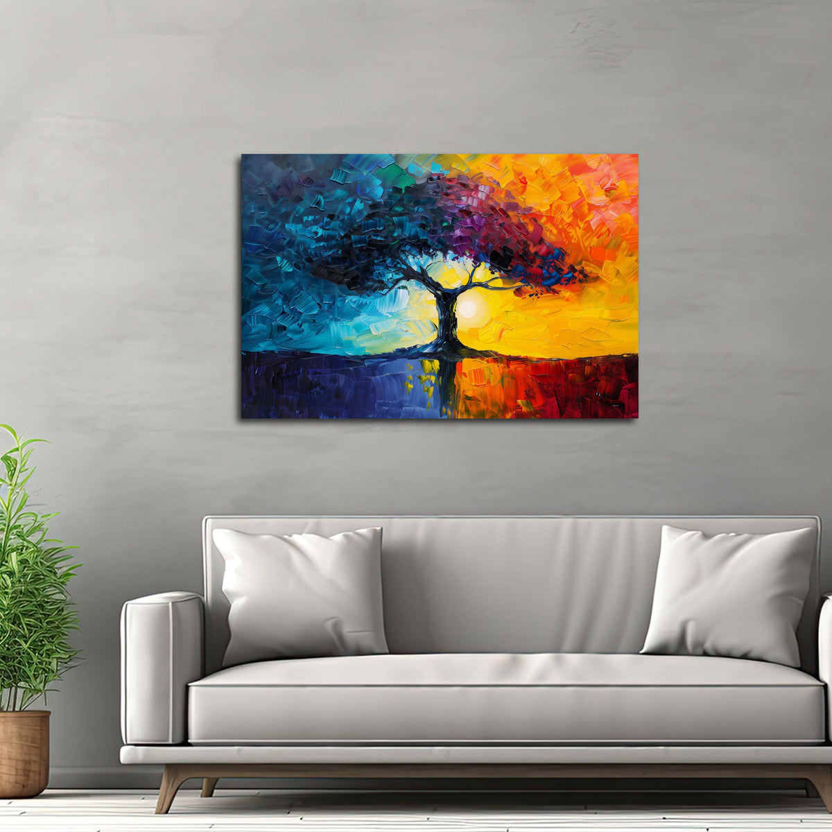 Quadro albero blu e rosso ambientato