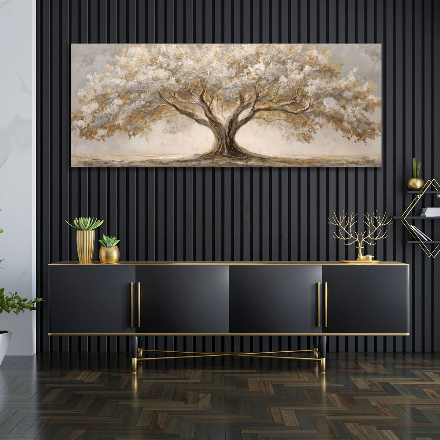 Albero paesaggio natura foglie dorate arte panoramica elegante quadro