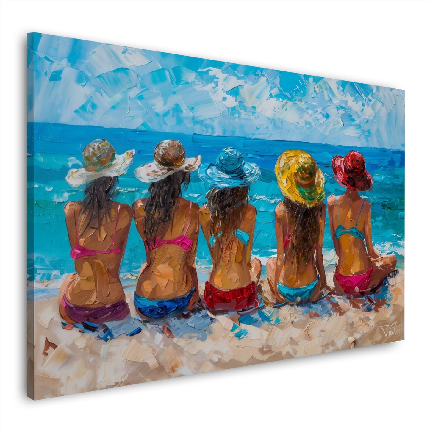 Amiche sulla spiaggia dipinto con colori intensi quadro