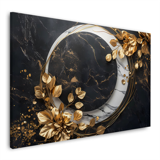 Arte elegante fiori dorati e motivo marmo nero quadro