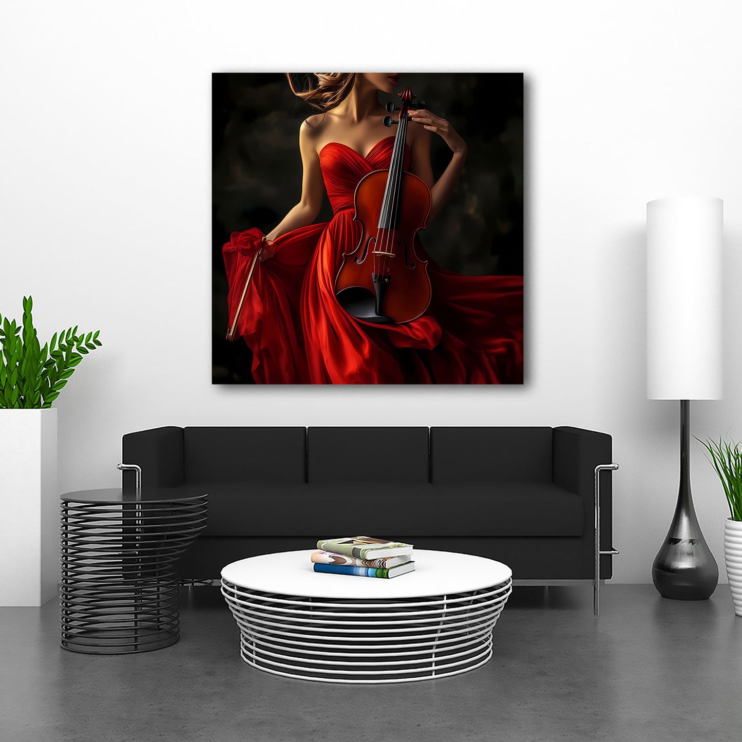 Arte femminile elegante con violino e abito rosso quadro