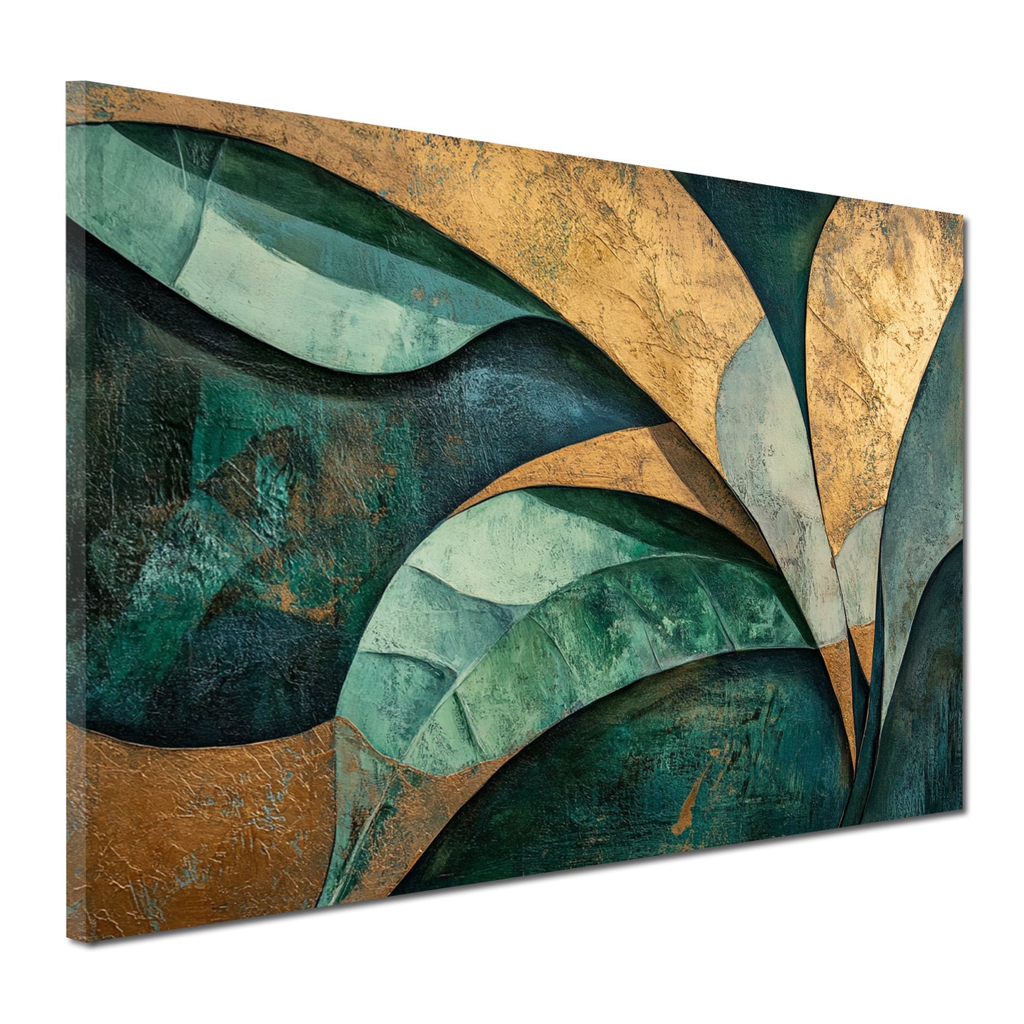 Astratto foglie verdi dorate forme eleganti in rilievo quadro