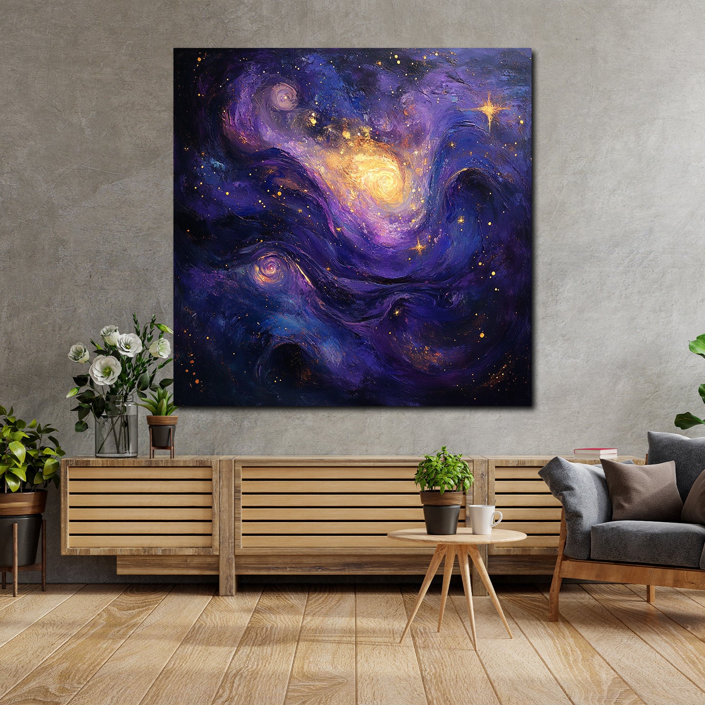 Astratta galassia viola oro universo immaginario quadro