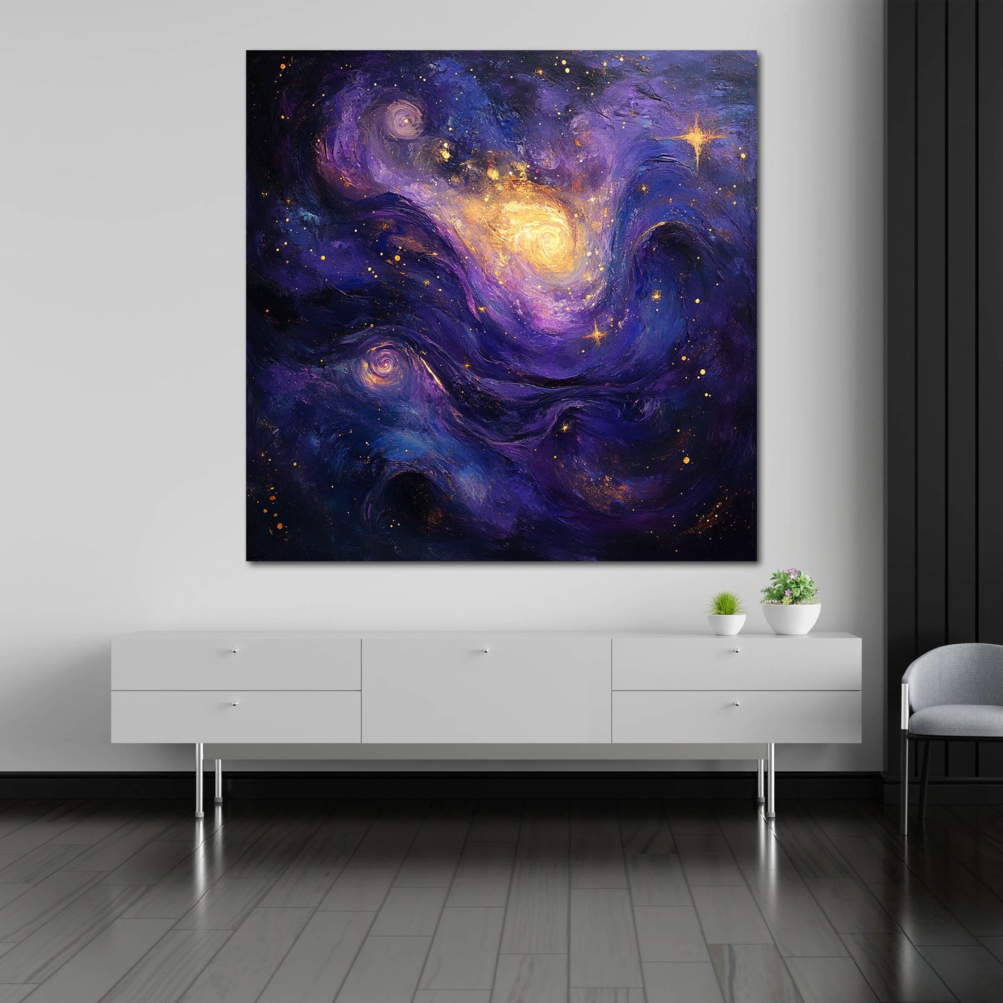 Astratta galassia viola oro universo immaginario quadro
