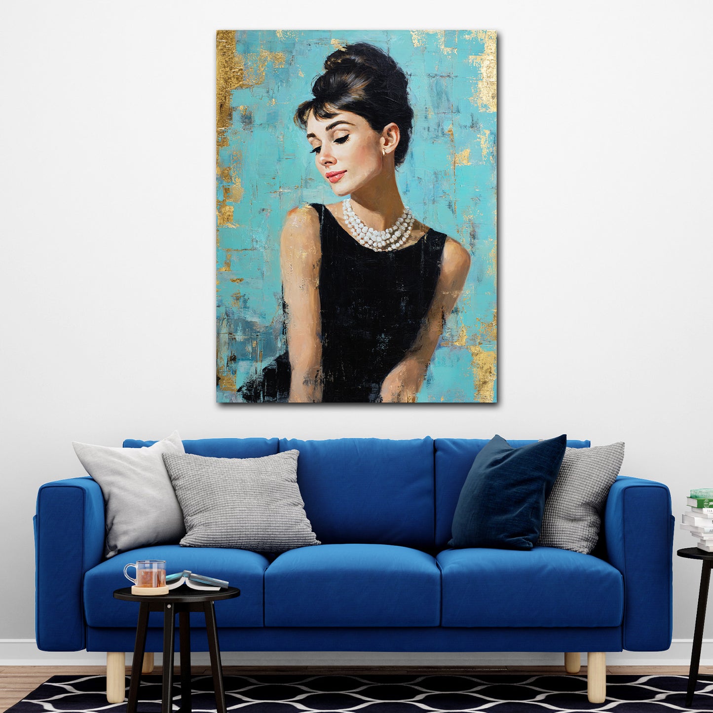Audrey ritratto elegante con perle sfondo turchese quadro