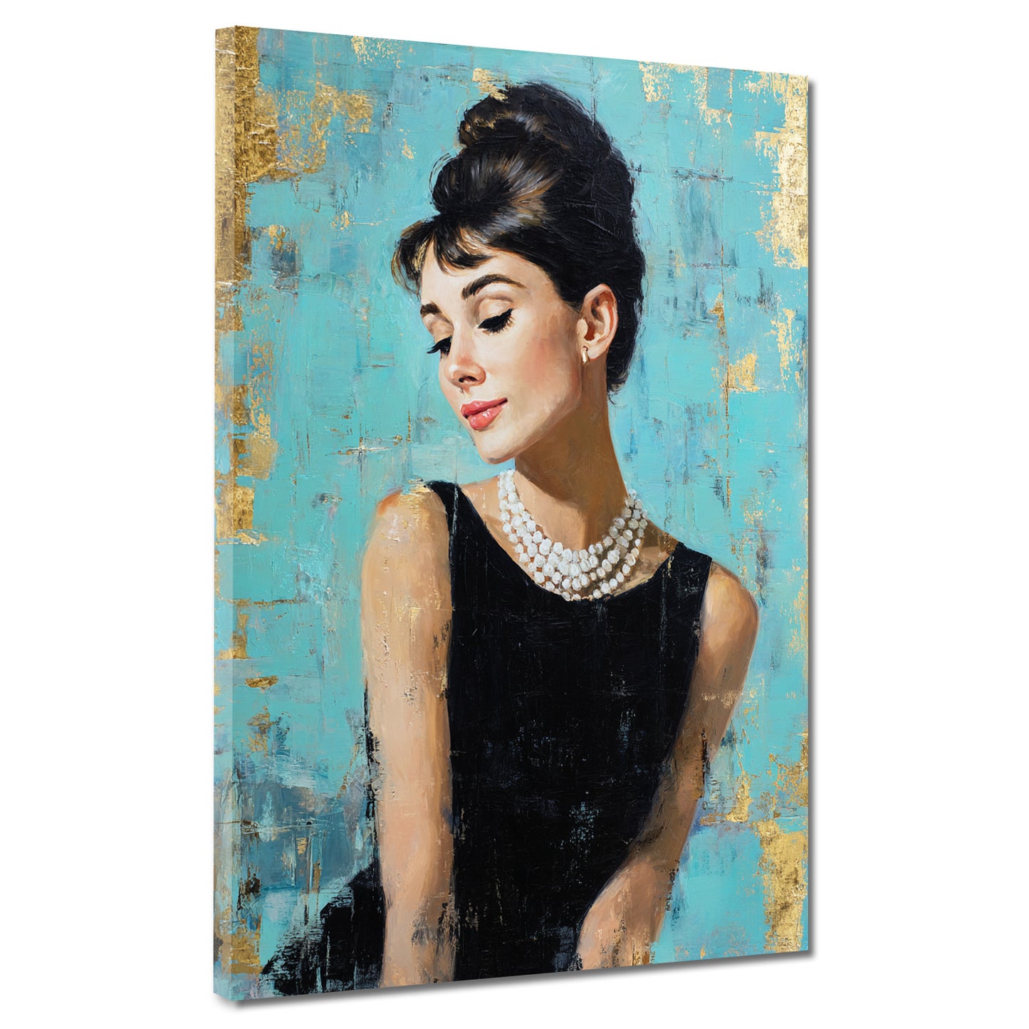 Audrey ritratto elegante con perle sfondo turchese quadro