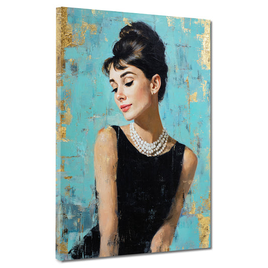 Audrey ritratto elegante con perle sfondo turchese quadro