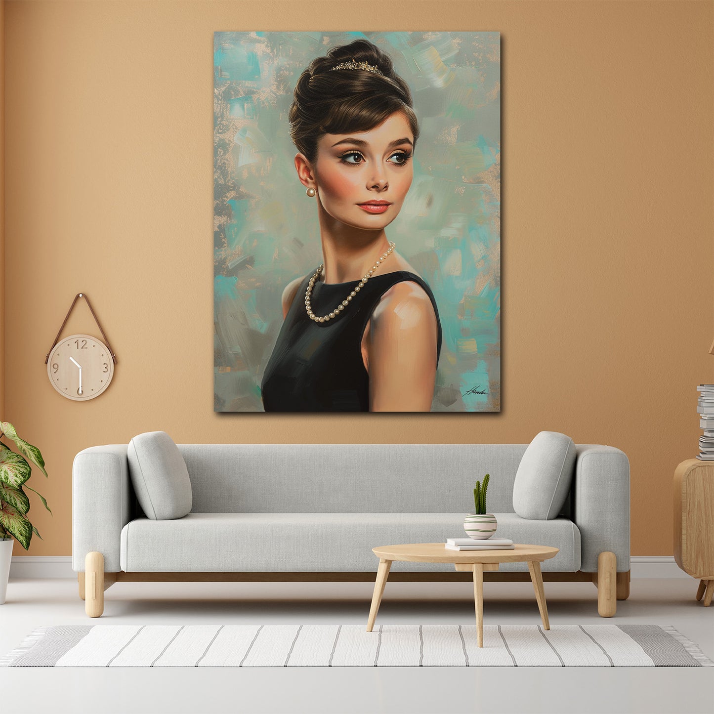 Audrey ritratto raffinato con perle sguardo classico quadro