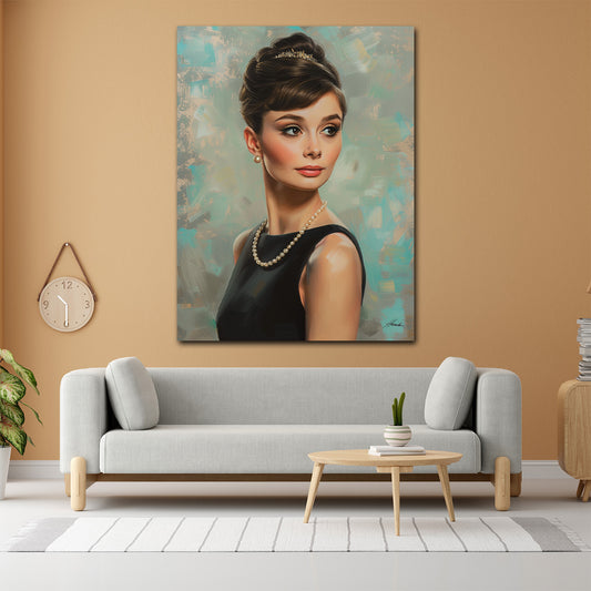 Audrey ritratto raffinato con perle sguardo classico quadro