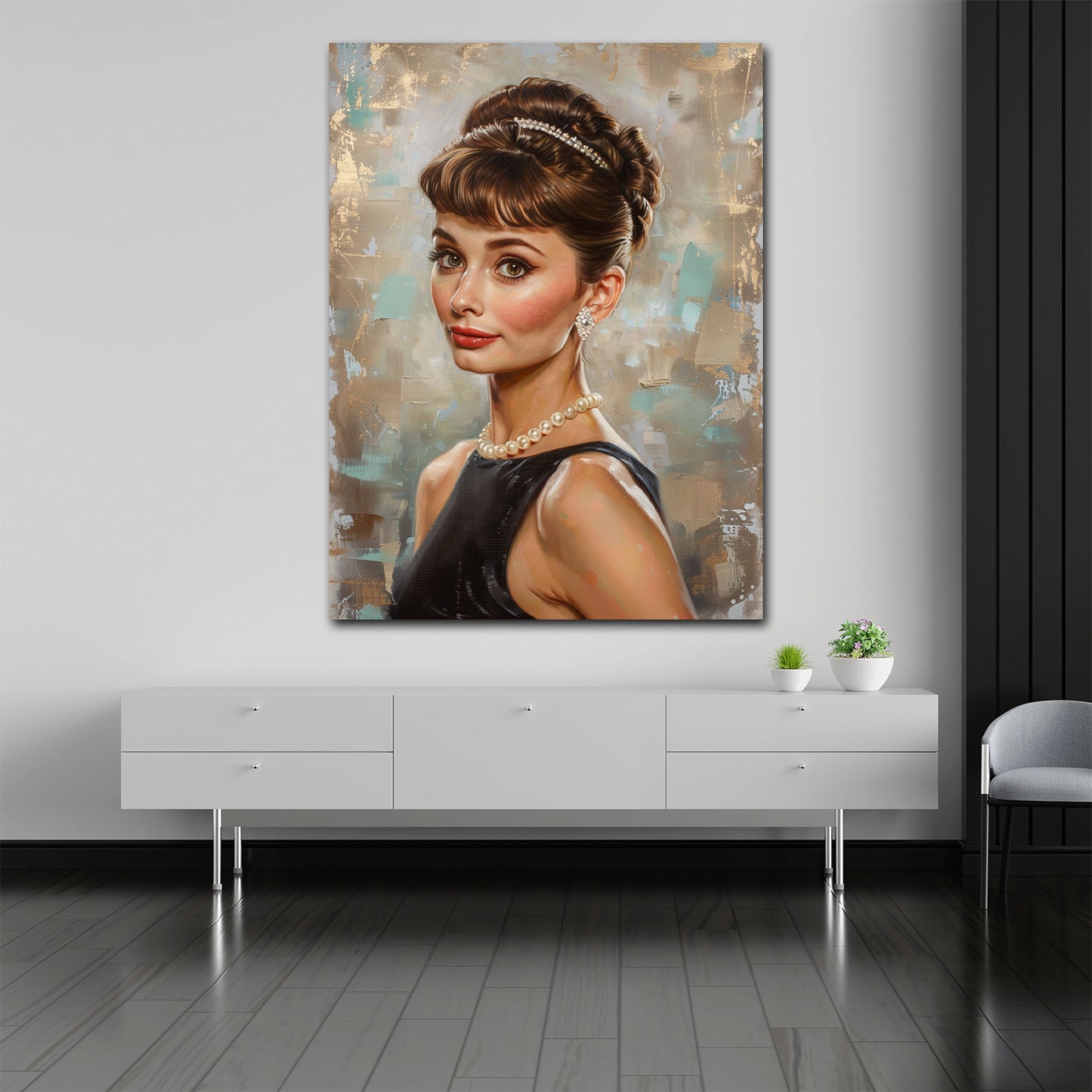 Audrey ritratto vintage con perle orecchini retro quadro