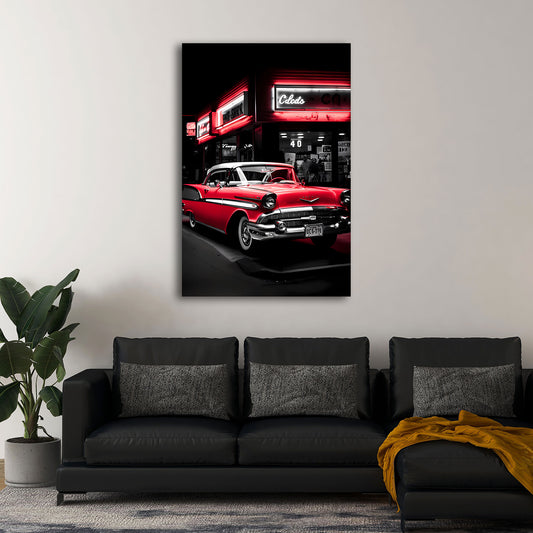 Auto d'epoca americano con luci al neon rosse quadro
