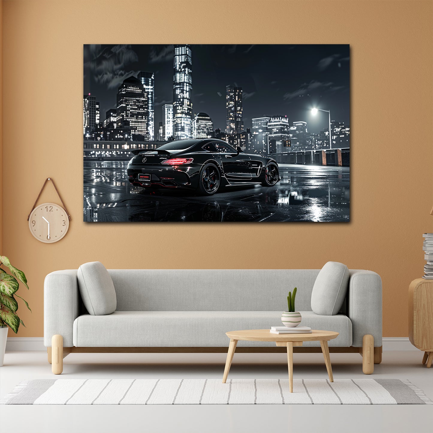 Auto nero sportivo città illuminata notte asfalto bagnato quadro